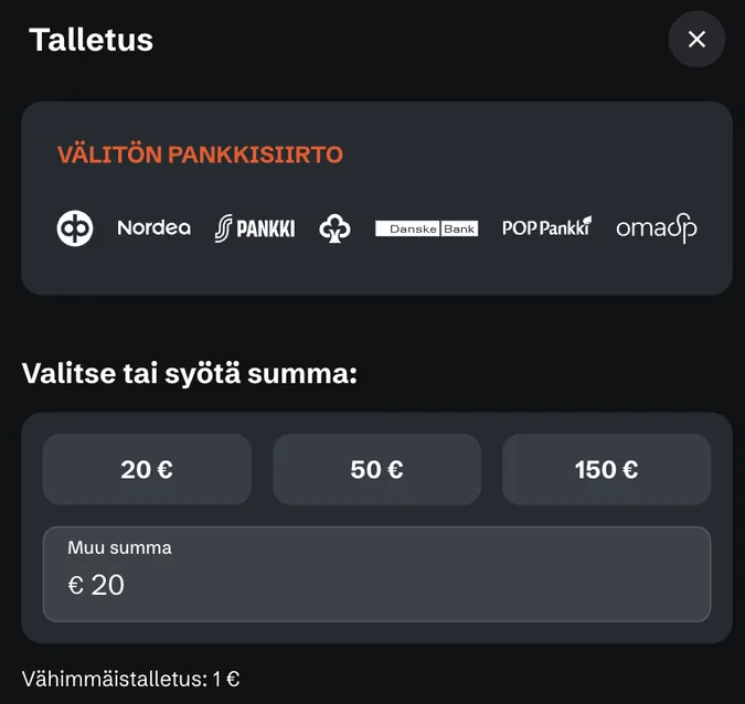 Kaista Kasino talletusikkuna ja välitön pankkisiirto Kaista Kasino talletusikkuna ja välitön pankkisiirto
