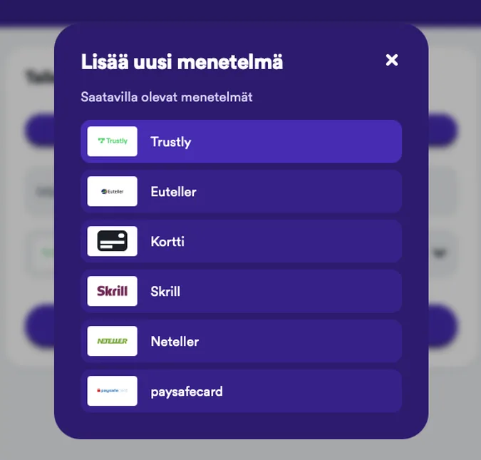 Casumon talletustavan valinta -ikkuna Casumon talletustavan valinta -ikkuna