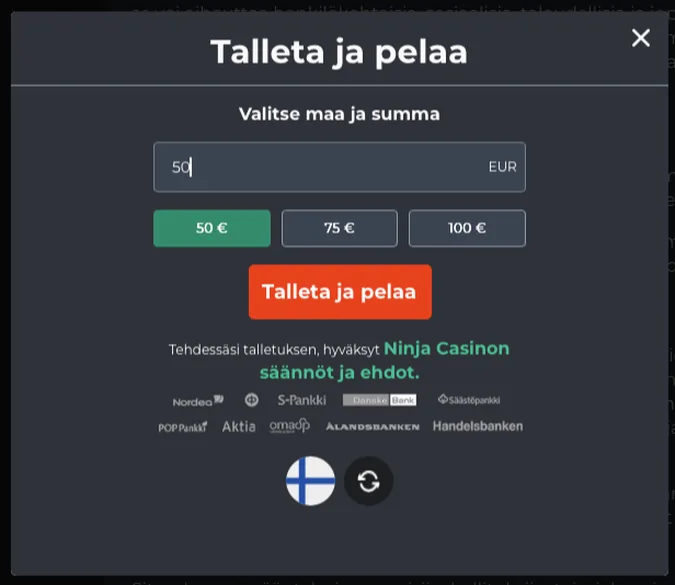 Ninja Casinon talleta ja pelaa -ikkuna Ninja Casinon talleta ja pelaa -ikkuna
