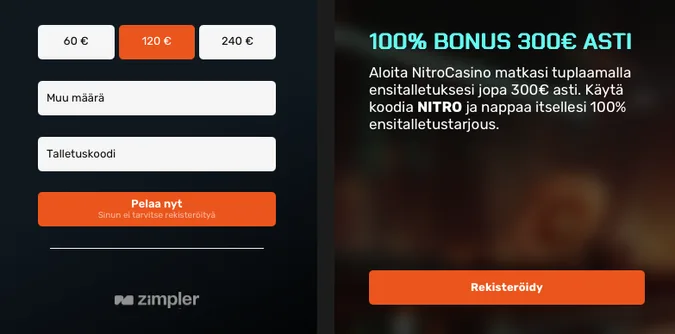 Nitro Casinon talletus- ja bonuskoodi-ikkuna Nitro Casinon talletus- ja bonuskoodi-ikkuna