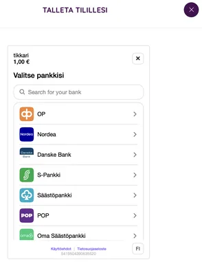 Tikkari Kasino talletusikkuna Tikkari Kasino talletusikkuna pankkivalinnalla